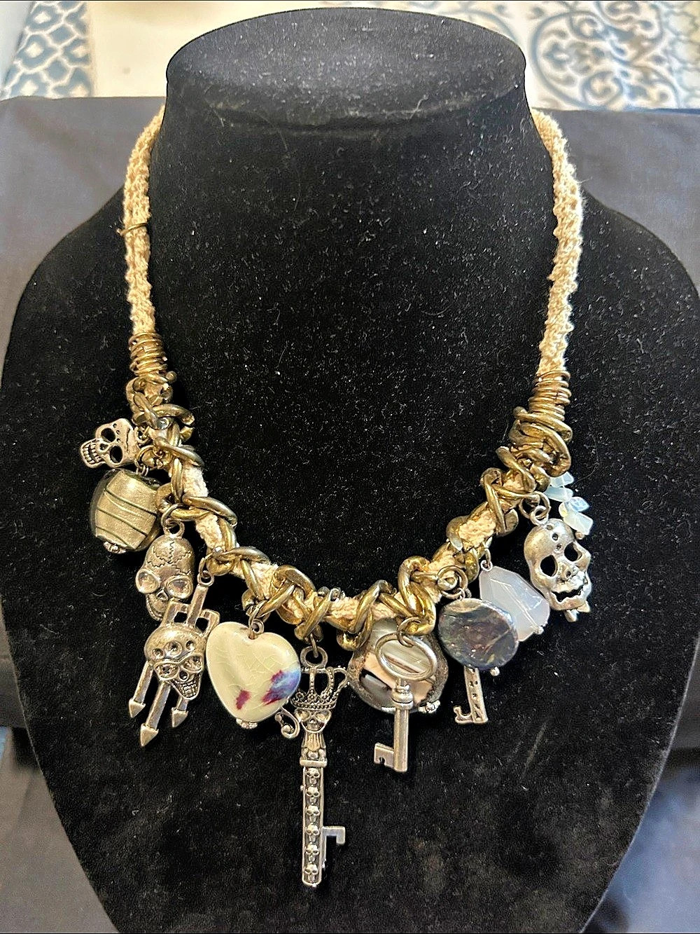 Mixed Metal Charm Statement Necklace Skulls and stones